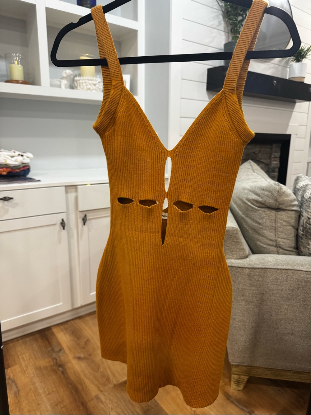 For Love & Lemons Mustard Ribbed Mini Dress with Cutouts